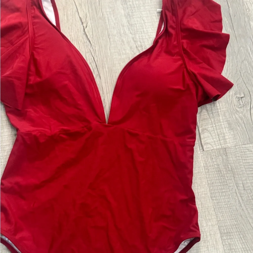 Sleek Red One Piece Swimsuit with Plunging V-Neckline